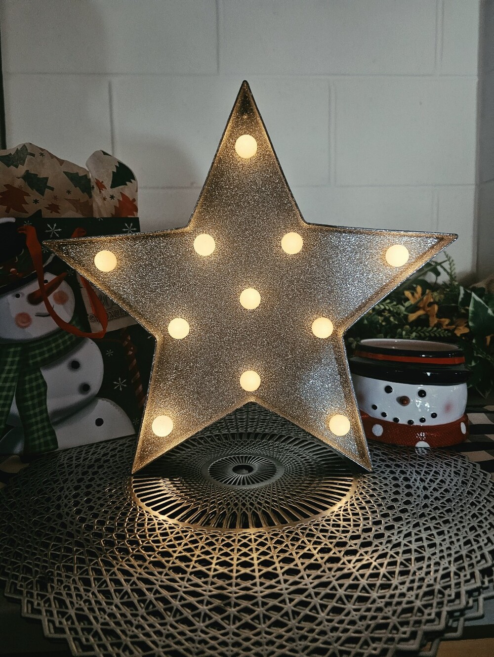 13" Light Up Silver Glitter Star Marquee Holiday Christmas Hanging Shelf Decor